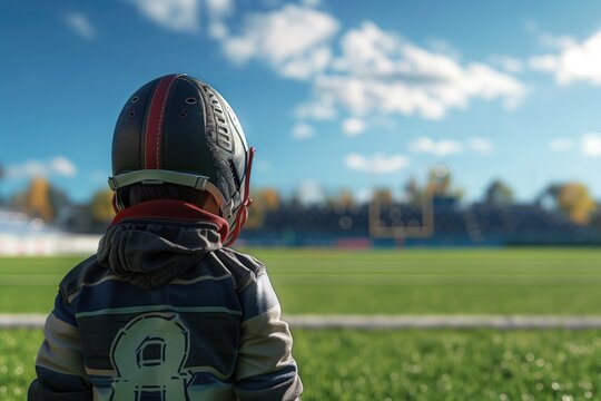 Child dressed as a rugby player on a football field