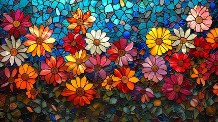 Zelfklevend Fotobehang Stained glass window background with colorful Flower and Leaf abstract.  © soysuwan123