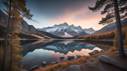 Mountain and lake landscape at dusk