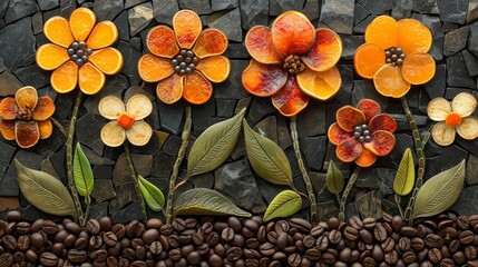 Fototapeta premium Coffee beans with flowers and leaves on stone background, top view