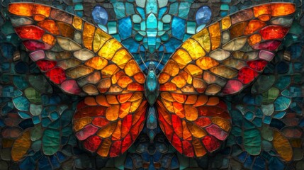 Stained glass window background with colorful butterfly f abstract.	