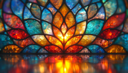 Stained glass window background with colorful Flower and Leaf abstract.	 - obrazy, fototapety, plakaty