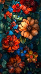 Fototapeta premium Stained glass window background with colorful Flower and Leaf abstract. 