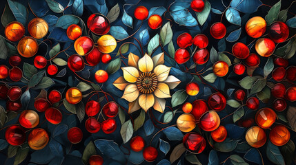 Stained glass window background with colorful Flower and Leaf abstract.	