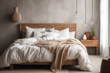 bedroom with a white bed, fluffy pillows, and a wooden bedside table
