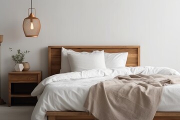 Isolated scene of a bedroom with a white bed, fluffy pillows, and a wooden bedside table. A serene haven for relaxation.