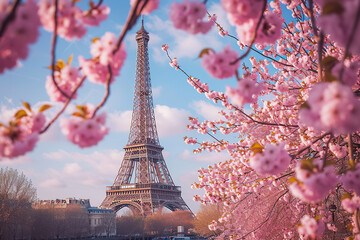 Eiffel Tower framed by spring cherry blossoms under clear blue sky