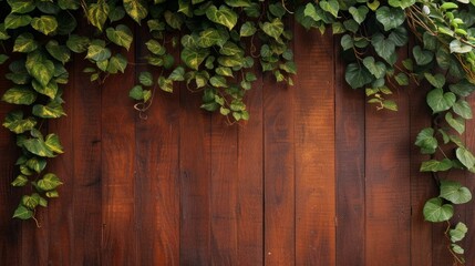 Climbing cascade of leaves on a rich mahogany wooden wall. A statement of natural beauty and classic charm. - obrazy, fototapety, plakaty