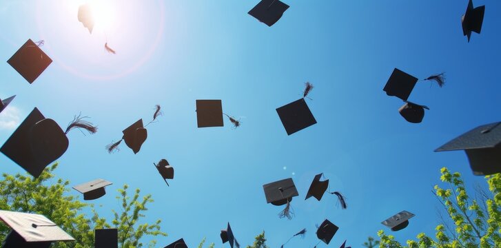Isolated image of celebration with graduation caps soaring high. A symbol of success and accomplishment.