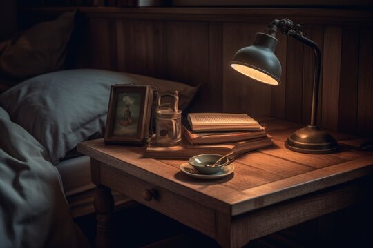 Isolated image of a wooden bedside table adorned with a lamp, a book, and a cup of tea. Soft light for a tranquil bedtime setting.