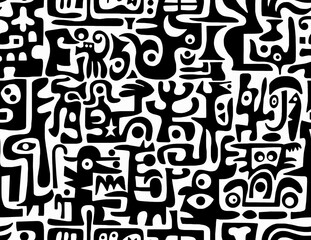 A black and white abstract hand-drawn drawing in the style of hieroglyphs.Seamless pattern.