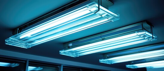 A modern bright interior featuring a group of fluorescent lights hanging from the ceiling, illuminating the space with efficient overhead lighting.