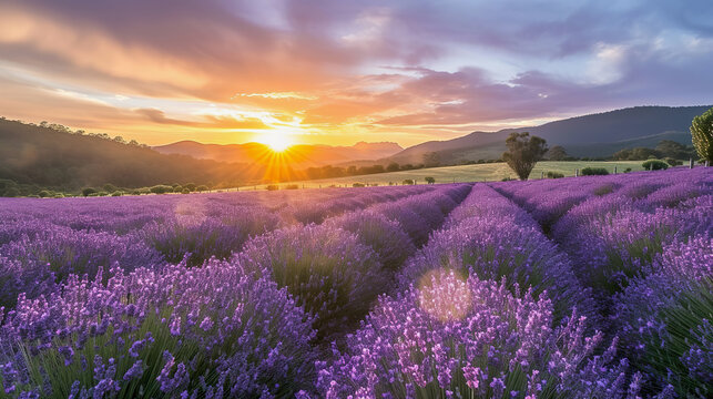 Lavender fields sunrise in Tasmania, travel background, copy space © lermont51