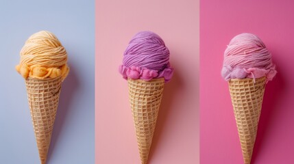 Colorful yarn balls in ice cream cones on pink background concept