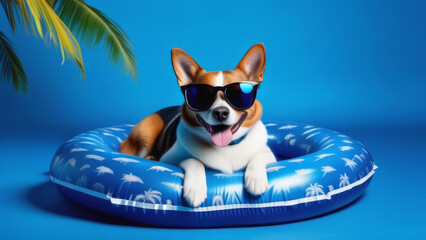 Happy pet  in the swimming pool on blue studio background. Care and Vacation consept