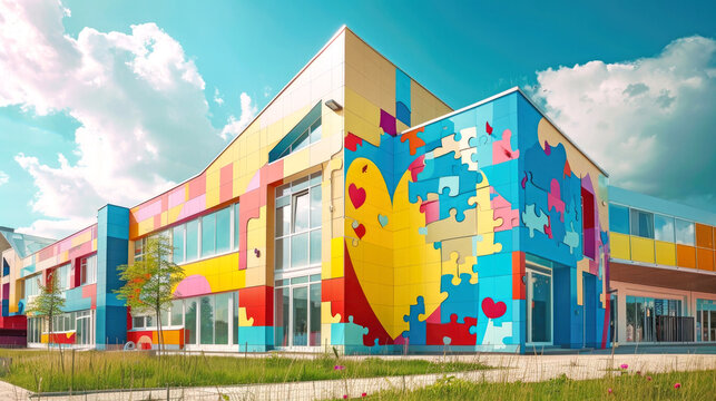 The building of the medical center for people with down syndrome and autism, painted with hearts and puzzle pieces