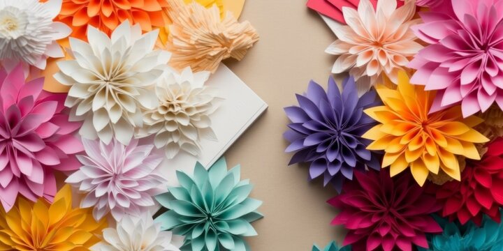 White paper beautifully contrasts against a colorful flower background. An ideal setting for expressing creativity with a burst of natural hues.