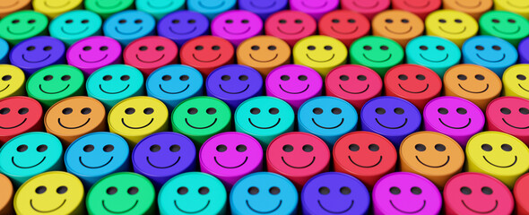 Colorful crowd of round happy face characters 3d render 3d illustration
