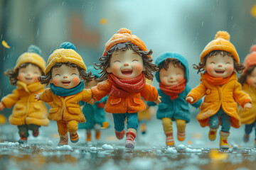 Group of children happily running down the street. Children's Day