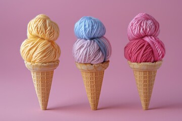 Yarn balls in ice cream cones on a split blue and pink background