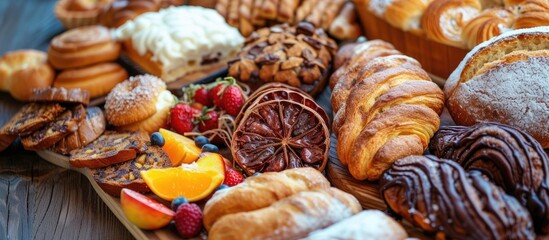 A variety of different types of pastries and preserved fruits are neatly arranged on a wooden table.
