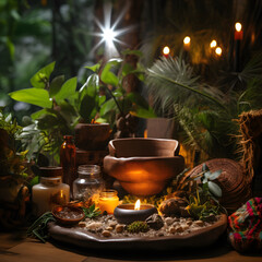 A portal into an ancient world: Shaman's sacred Ayahuasca brew under soft candlelight