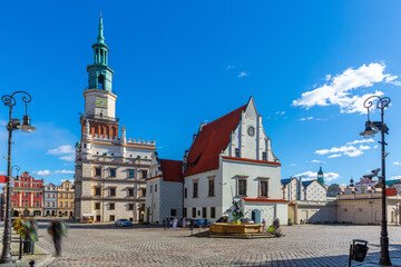 Fototapeta na wymiar View of historic building of Weighing house and Town Hall in centre of Poznan Market Square in sunny spring day, Poland