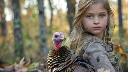 Young girl with a wild turkey in the forest for Thanksgiving dinner on a fall turkey hunt. - obrazy, fototapety, plakaty