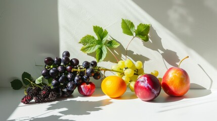 Assorted fresh fruits on marble surface with natural sunlight casting shadows