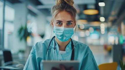 Focused healthcare professional consulting a digital tablet wearing a surgical mask