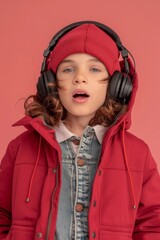 Joyful child in red jacket enjoying music on headphones against pink background
