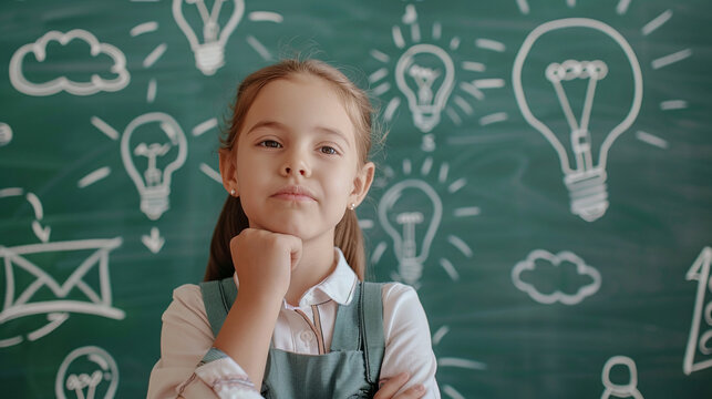 A school student with a thoughtful posture in front of a green blackboard with several white chalk drawings of illuminated light bulbs and clouds representing the creative process in the classroom