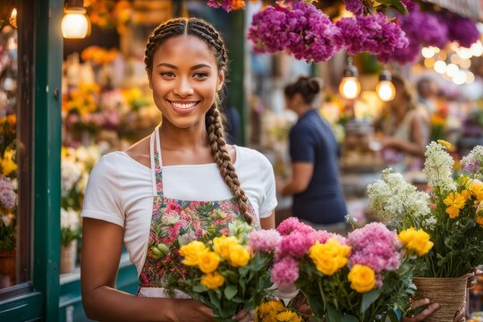 Florista, vendedora de flores em uma floricultura, mulher jovem, linda, negra