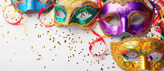 A group of colorful masquerade masks suspended on hooks against a plain white wall. These festive decorations are commonly associated with Mardi Gras celebrations.