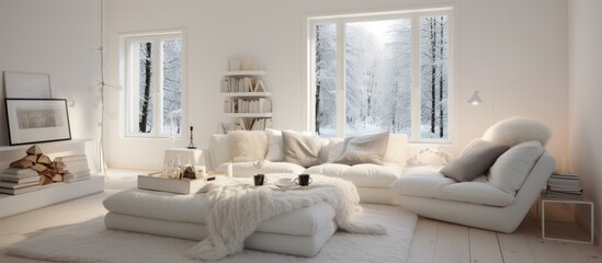 A living room designed in a modern Scandinavian style, featuring white furniture and large windows that offer ample natural light. The room is bright and airy,