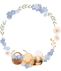 watercolor flowers and bee template for nursery, baby shower, invitation for birthday party