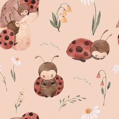 watercolor leaves flowers, ladybug seamless pattern illustration for kids © Olga Listopad