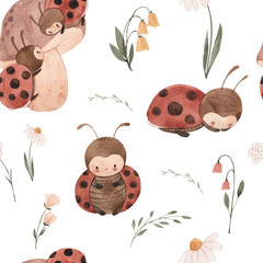 watercolor leaves flowers, ladybug seamless pattern illustration for kids © Olga Listopad