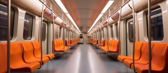 An empty train car with vibrant orange seats, showcasing the modernization and evolution of public transport. The interior is clean and well-lit, waiting for passengers to fill the space.