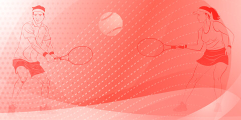 Fototapeta na wymiar Tennis themed background in red tones with abstract curves lines and dots, with two tennis players, a man and a woman, holding a rackets to hit the ball