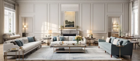 Papier Peint photo Lavable Texture du bois de chauffage A spacious living room filled with contemporary furniture and featuring a classic fireplace. The room is beautifully lit and showcases a blend of modern and traditional design elements.