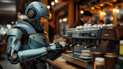 Fototapeta na wymiar Robot barista working at the coffee shop