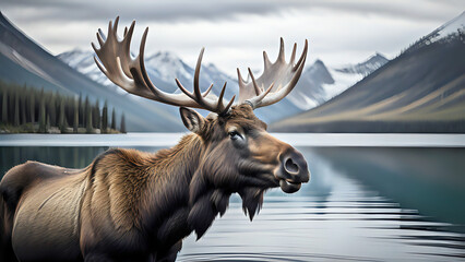 A profile of a large male moose in the mountains