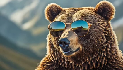 Deurstickers A bear wearing sunglasses. Close-up portrait of a bear. Anthopomorphic creature. A fictional © MAWLOUD