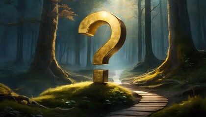 A golden question mark on a dark background. Perfect for illustrating curiosity and uncertainty - obrazy, fototapety, plakaty