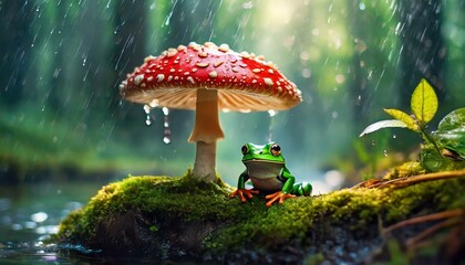 A green frog takes shelter under a red toadstool, surrounded by lush vegetation as raindrops - obrazy, fototapety, plakaty