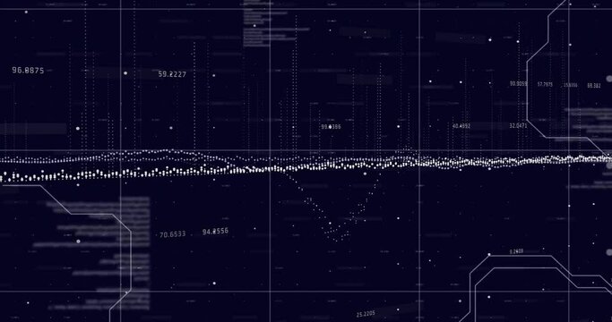 Animation of financial data processing over grid on dark background