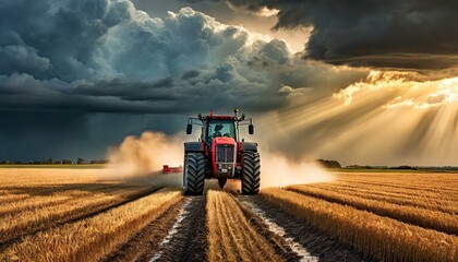 A powerful red tractor drives across a huge field under a dramatic stormy sky, highlighting
