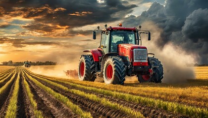 A powerful red tractor drives across a huge field under a dramatic stormy sky, highlighting