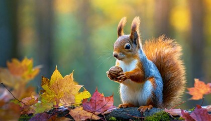 A squirrel holding a nut in its hands among colorful fallen leaves. Autumn wildlife scene